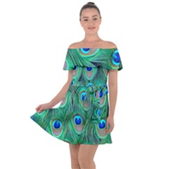 Peacock Feathers, Bonito, Bird, Blue, Colorful, Feathers Off Shoulder Velour Dress by nateshop