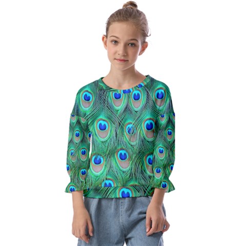 Peacock Feathers, Bonito, Bird, Blue, Colorful, Feathers Kids  Cuff Sleeve Top by nateshop