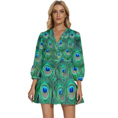 Peacock Feathers, Bonito, Bird, Blue, Colorful, Feathers V-neck Placket Mini Dress