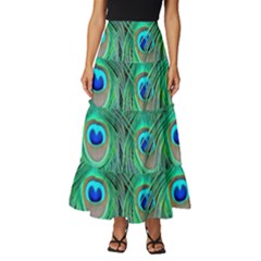 Peacock Feathers, Bonito, Bird, Blue, Colorful, Feathers Tiered Ruffle Maxi Skirt