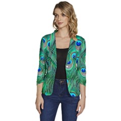 Peacock Feathers, Bonito, Bird, Blue, Colorful, Feathers Women s One-button 3/4 Sleeve Short Jacket by nateshop