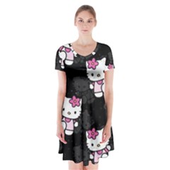 Hello Kitty, Pattern, Supreme Short Sleeve V-neck Flare Dress by nateshop