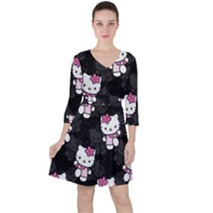 Hello Kitty, Pattern, Supreme Quarter Sleeve Ruffle Waist Dress by nateshop