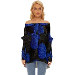 Berry, One,berry Blue Black Off Shoulder Chiffon Pocket Shirt