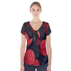 Berry,curved, Edge, Short Sleeve Front Detail Top by nateshop