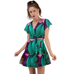 Eaves, Mate, Pink, Purple, Stock Wall Flutter Sleeve Wrap Dress by nateshop