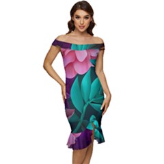 Flowers, Mate, Pink, Purple, Stock Wall Off Shoulder Ruffle Split Hem Bodycon Dress