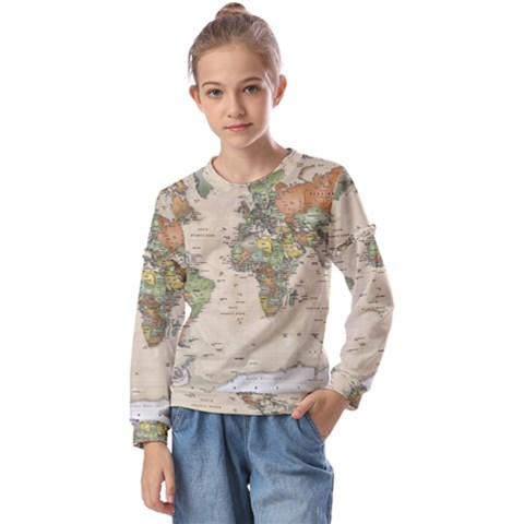 Vintage World Map Aesthetic Kids  Long Sleeve T-shirt With Frill  by Cemarart