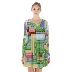 Pixel Map Game Long Sleeve Velvet V-neck Dress by Cemarart