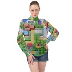 Pixel Map Game High Neck Long Sleeve Chiffon Top