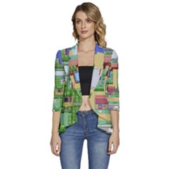 Pixel Map Game Women s 3/4 Sleeve Ruffle Edge Open Front Jacket by Cemarart