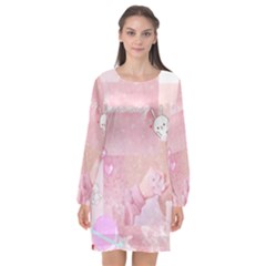 Pink Aesthetic, Clouds, Cute, Glitter, Hello Kitty, Pastel, Soft Long Sleeve Chiffon Shift Dress  by nateshop