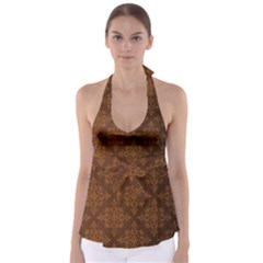 Brown Floral Pattern Floral Vintage Pattern, Brown Vintage Tie Back Tankini Top by nateshop