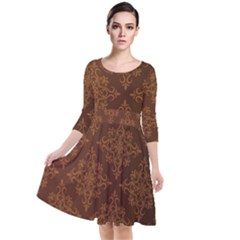 Brown Floral Pattern Floral Vintage Pattern, Brown Vintage Quarter Sleeve Waist Band Dress by nateshop