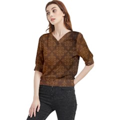 Brown Floral Pattern Floral Vintage Pattern, Brown Vintage Quarter Sleeve Blouse