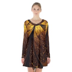 Gold, Golden Background Long Sleeve Velvet V-neck Dress by nateshop