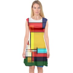 Multicolored Retro Abstraction, Lines Retro Background, Multicolored Mosaic Capsleeve Midi Dress