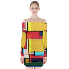 Multicolored Retro Abstraction, Lines Retro Background, Multicolored Mosaic Long Sleeve Off Shoulder Dress by nateshop