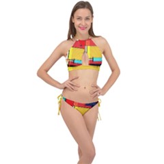 Multicolored Retro Abstraction%2 Cross Front Halter Bikini Set by nateshop