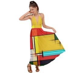 Multicolored Retro Abstraction, Lines Retro Background, Multicolored Mosaic Backless Maxi Beach Dress