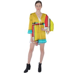 Multicolored Retro Abstraction, Lines Retro Background, Multicolored Mosaic V-neck Flare Sleeve Mini Dress by nateshop