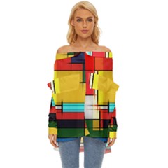 Multicolored Retro Abstraction, Lines Retro Background, Multicolored Mosaic Off Shoulder Chiffon Pocket Shirt by nateshop