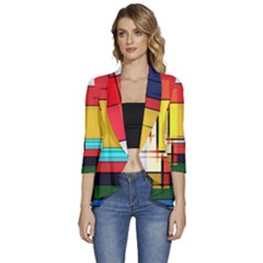 Multicolored Retro Abstraction%2 Women s 3/4 Sleeve Ruffle Edge Open Front Jacket by nateshop