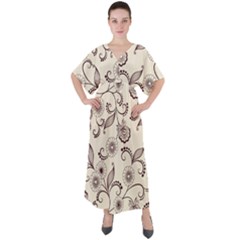 Retro Floral Texture, Light Brown Retro Background V-neck Boho Style Maxi Dress by nateshop