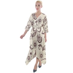 Retro Floral Texture, Light Brown Retro Background Quarter Sleeve Wrap Front Maxi Dress by nateshop