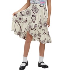 Retro Floral Texture, Light Brown Retro Background Kids  Ruffle Flared Wrap Midi Skirt by nateshop