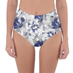 Retro Texture With Blue Flowers, Floral Retro Background, Floral Vintage Texture, White Background W Reversible High-Waist Bikini Bottoms