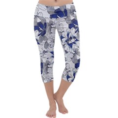 Retro Texture With Blue Flowers, Floral Retro Background, Floral Vintage Texture, White Background W Capri Yoga Leggings