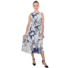 Retro Texture With Blue Flowers, Floral Retro Background, Floral Vintage Texture, White Background W Midi Tie-Back Chiffon Dress