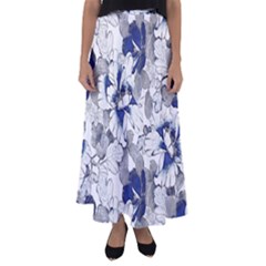 Retro Texture With Blue Flowers, Floral Retro Background, Floral Vintage Texture, White Background W Flared Maxi Skirt