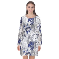 Retro Texture With Blue Flowers, Floral Retro Background, Floral Vintage Texture, White Background W Long Sleeve Chiffon Shift Dress 