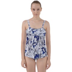 Retro Texture With Blue Flowers, Floral Retro Background, Floral Vintage Texture, White Background W Twist Front Tankini Set