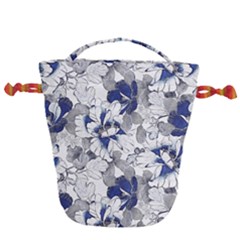 Retro Texture With Blue Flowers, Floral Retro Background, Floral Vintage Texture, White Background W Drawstring Bucket Bag