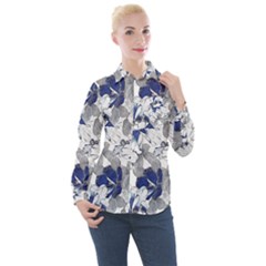 Retro Texture With Blue Flowers, Floral Retro Background, Floral Vintage Texture, White Background W Women s Long Sleeve Pocket Shirt