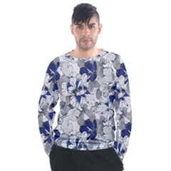 Retro Texture With Blue Flowers, Floral Retro Background, Floral Vintage Texture, White Background W Men s Long Sleeve Raglan T-Shirt