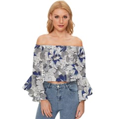 Retro Texture With Blue Flowers, Floral Retro Background, Floral Vintage Texture, White Background W Off Shoulder Flutter Bell Sleeve Top