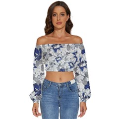 Retro Texture With Blue Flowers, Floral Retro Background, Floral Vintage Texture, White Background W Long Sleeve Crinkled Weave Crop Top