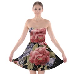 Retro Texture With Flowers, Black Background With Flowers Strapless Bra Top Dress by nateshop