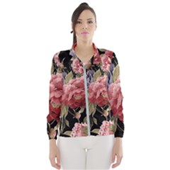 Retro Texture With Flowers, Black Background With Flowers Women s Windbreaker by nateshop