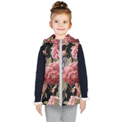 Retro Texture With Flowers, Black Background With Flowers Kids  Hooded Puffer Vest by nateshop