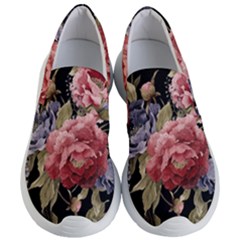 Retro Texture With Flowers, Black Background With Flowers Women s Lightweight Slip Ons by nateshop