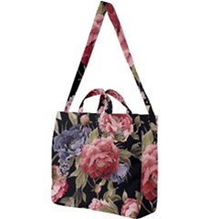 Retro Texture With Flowers, Black Background With Flowers Square Shoulder Tote Bag by nateshop