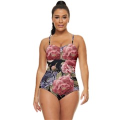 Retro Texture With Flowers, Black Background With Flowers Retro Full Coverage Swimsuit