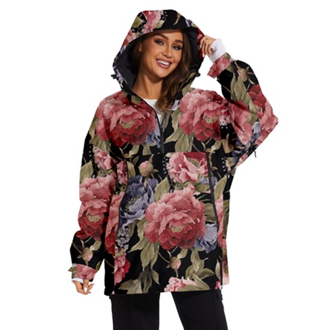 Retro Texture With Flowers, Black Background With Flowers Women s Ski And Snowboard Jacket