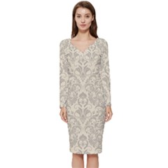 Retro Texture With Ornaments, Vintage Beige Background Long Sleeve V-Neck Bodycon Dress 