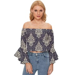 Vintage Texture, Floral Retro Background, Patterns, Off Shoulder Flutter Bell Sleeve Top